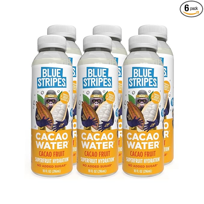 Blue Stripes Cacao Water - Cold Pressed Superfruit Hydration with Electrolytes & Antioxidants, No Sugar Added, All Natural, Great for Protein Shakes & Smoothies - Just Cacao, 6 Pack