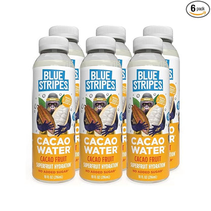 Blue Stripes Cacao Water - Cold Pressed Superfruit Hydration with Electrolytes & Antioxidants, No Sugar Added, All Natural, Great for Protein Shakes & Smoothies - Just Cacao, 6 Pack