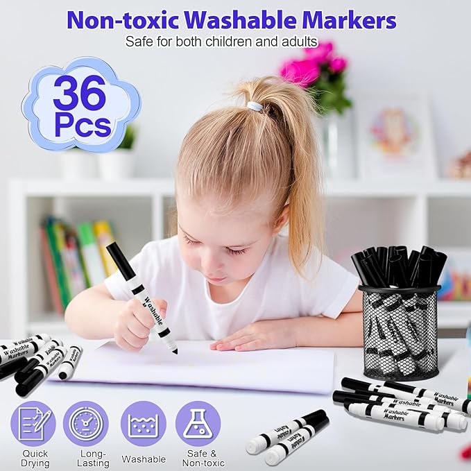 Janlaugh 36 Pcs Black Washable Markers Bulk Coloring Broad Line Markers for Kids Black Conical Tip Drawing Pen for School Supplies, Travel Art Baby Shower Gender Reveal Party Supplies, Ages 6+