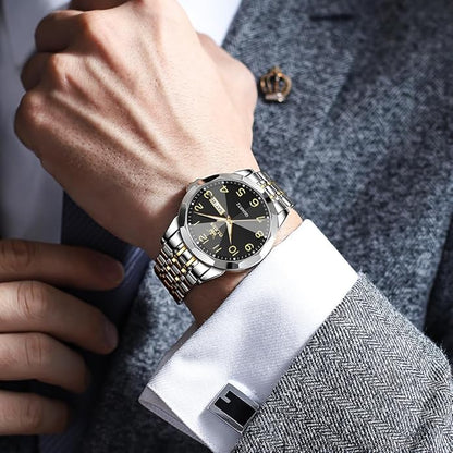 Men's Casual Stainless Steel Watch, Big Face Easy to Read Analog Quartz Watch with Day and Date, Classic Waterproof Diamond Roman Arabic Numerals Dial Dress Watch for Men, Gold Silver Black Band
