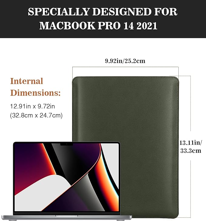 Moko Laptop Sleeve Compatible with New MacBook Pro 14 Inch M3/M2/M1 2023/2022/2021, Slim Stylish Laptop Bag Made of PU Leather, Fliz Sleeve Case, Carry Bag for 14 Inch MacBook, Midnight Green