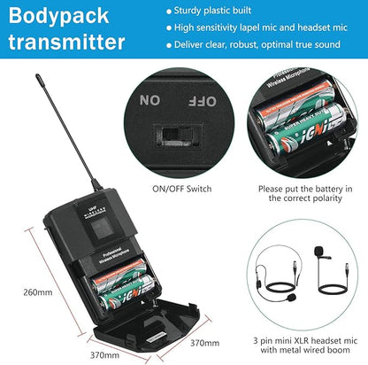 MicrocKing Wireless Microphone System, UHF Cordless Mic Set with 2 Handheld Mics/2 Lavalier Bodypacks, Metal Build, Fixed Frequency, Long Range, Ideal for Karaoke/Party/Wedding/Concert