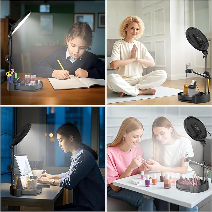 Selfie Light Kit for Desk and Laptop,55W Dimmable Full Screen Ring Light,with Rotating Storage Box,Pen Holder Stand,Phone Holder and Controller (red, 10.5)