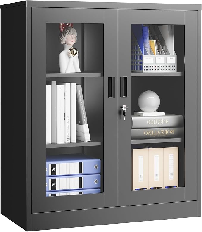 Storage Cabinet with 2 Adjustable Shelves, 35.4 Inches Metal Curio Display Cabinet with 2 Acrylic Doors, Locking Glass Display Case for Home, Office, Pantry, Assemble Required (Black)