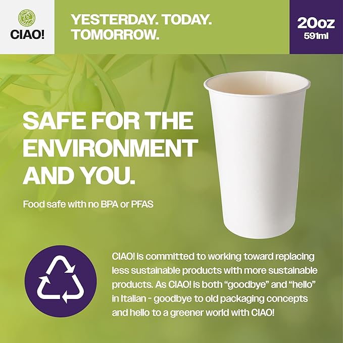 CIAO! 20oz White Paper Hot Cup, Disposable, 90mm Diameter 600 Count