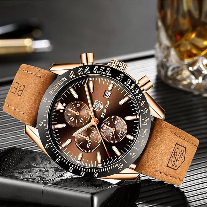 BY BENYAR Watch for Men Analog Quartz Chronograph Waterproof Luminous Designer Mens Wrist Watches Business Work Sport Casual Dress Watch with Silicone Strap Elegant Gifts for Men