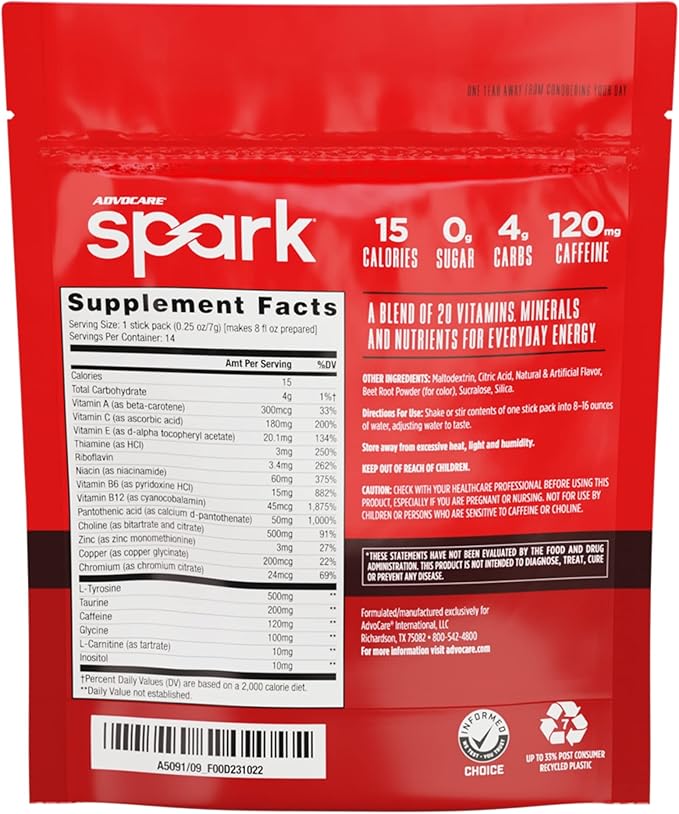 AdvoCare Spark - Energy Drink Mix - Vitamin & Amino Acid Supplement - Supports Energy & Focus - Portable Immune Support - Sugar-Free - Cherry, 14 Stick Packs (3.5 oz)