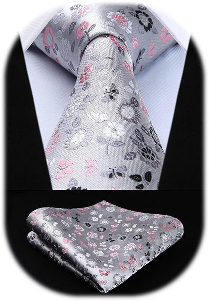 HISDERN Men Floral Ties Woven Classic 3.4" Necktie Set Formal Tie Pocket Square for Wedding with Handkerchief Gift Box