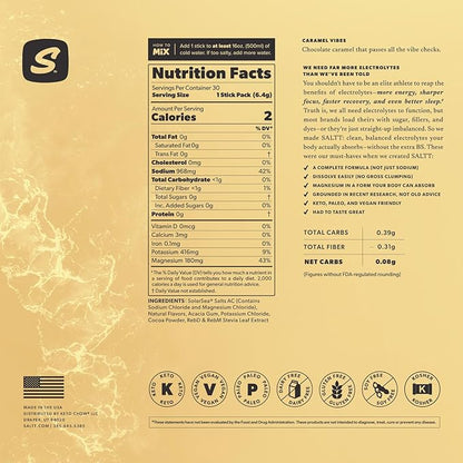 SALTT Electrolytes Powder Flavored Drink Mix - Caramel Vibes - 30 Hydration Packets - Magnesium, Potassium, Sodium, Trace Minerals - Zero Sugar & Gluten Free - Travel Essentials