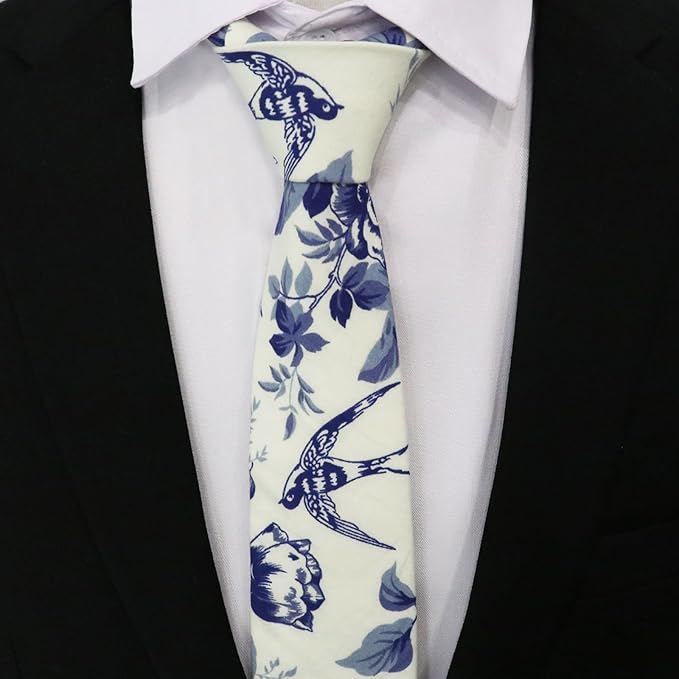 Cotton Floral Ties for Men 2.76" Men's Skinny Tie Linen Flower Printed Neck Tie for Wedding Dating Party