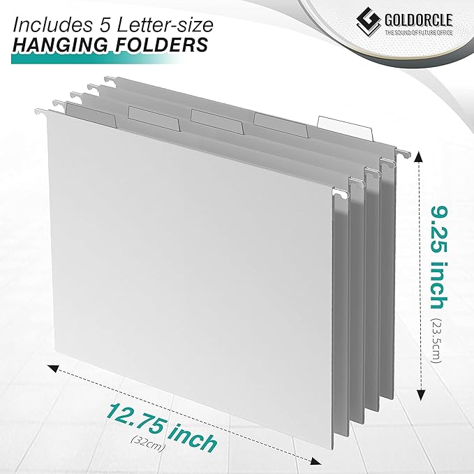 Hanging File Organizer, Letter-size File Holder Filing Box with 5 Hanging Folders, Metal Mesh Desk File Folder Storage(No Assembly Required)