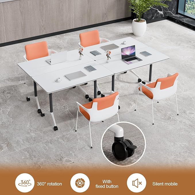 Folding Conference Table, Conference Room Tables Foldable Large Meeting Seminar Table on Wheels,Flip Top Boardroom Training Tables for Office, Classroom,Meeting (8, White2, 70.8)