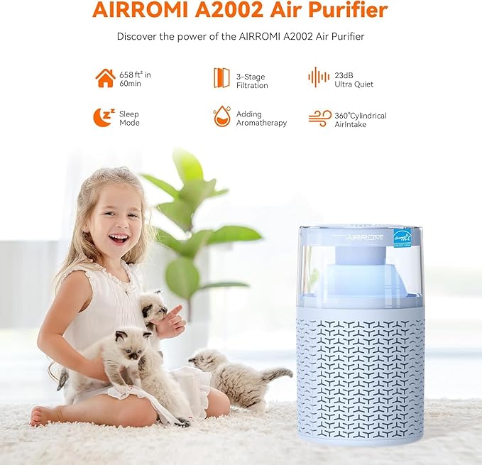 AIRROMI Air Purifiers for Bedroom Home,Up to 658 Ft²,Activated Carbon Filter Cleaner,With Fragrance Sponge for Better Sleep,Night Light,Pet Dander,Allergies,Smoke,Odor,Desktop Air Cleaner A2002 Blue