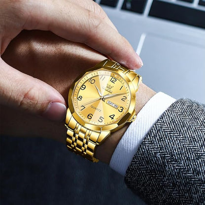 Men's Casual Stainless Steel Watch, Big Face Easy to Read Analog Quartz Watch with Day and Date, Classic Waterproof Diamond Roman Arabic Numerals Dial Dress Watch for Men, Gold Silver Black Band
