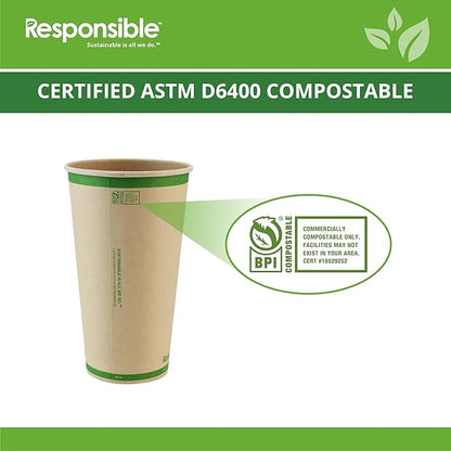 Responsible Products Certified Compostable 20 oz Paper Cups, Cold ＆ Hot Coffee Cups, Disposable Paper Cups, Extra Strength Disposable Cups, Made without PFAS (50 count)