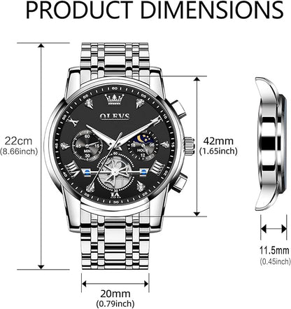 OLEVS Watches Men Waterproof Luxury Big Face Mens Watch Stainless Steel Quartz Analog Dress Watches for Men Luminous Multifunction Man Watch Relojes De Hombre