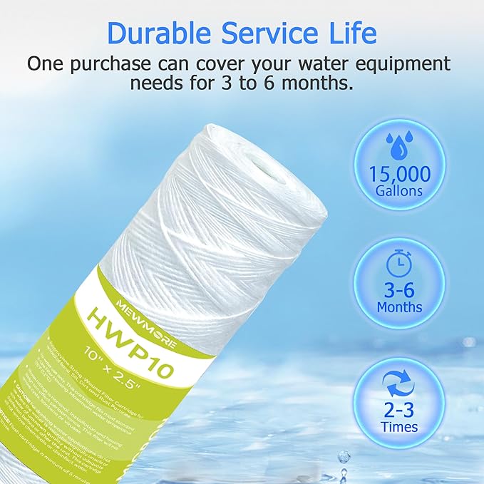 5 Micron Whole House Water Filter Cartridge, String Wound Sediment Filters for Well Water, Universal Replacement for Any 10 inch RO Unit - 10" x 2.5" Cartridges - Pack of 6