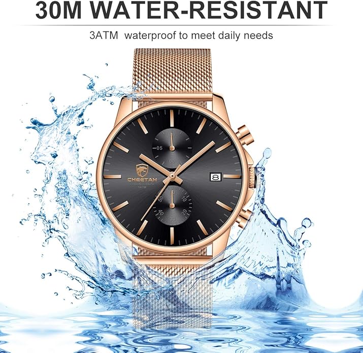 GOLDEN HOUR Mens Watch Fashion Sleek Minimalist Quartz Analog Mesh Stainless Steel Waterproof Chronograph Watches for Men with Auto Date