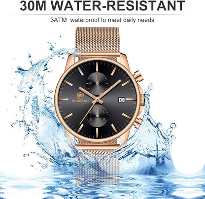GOLDEN HOUR Mens Watch Fashion Sleek Minimalist Quartz Analog Mesh Stainless Steel Waterproof Chronograph Watches for Men with Auto Date
