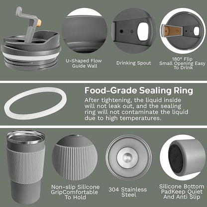 YINBAOGE Upgraded Insulated Travel Coffee Mug, Spill Proof & Leak Proof, Portable Camping Stainless Steel Tumbler, Reusable Thermal Coffee Cup with Lid for Hot & Cold Drinks(4th-Gray, 15OZ)