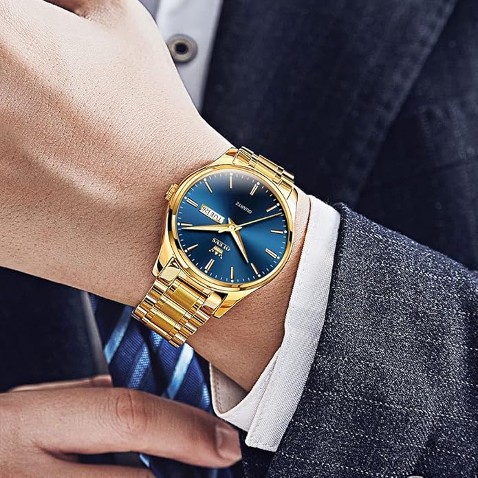 Men's Casual Stainless Steel Watch, Big Face Easy to Read Analog Quartz Watch with Day and Date, Classic Waterproof Diamond Roman Arabic Numerals Dial Dress Watch for Men, Gold Silver Black Band
