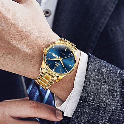 Men's Casual Stainless Steel Watch, Big Face Easy to Read Analog Quartz Watch with Day and Date, Classic Waterproof Diamond Roman Arabic Numerals Dial Dress Watch for Men, Gold Silver Black Band