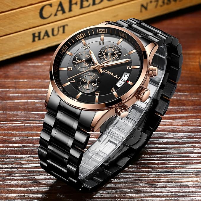 CRRJU Men's Fashion Stainless Steel Watches Date Waterproof Chronograph Wristwatches,Black Steel Band Waterproof Quartz Watch for Men