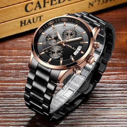 CRRJU Men's Fashion Stainless Steel Watches Date Waterproof Chronograph Wristwatches,Black Steel Band Waterproof Quartz Watch for Men
