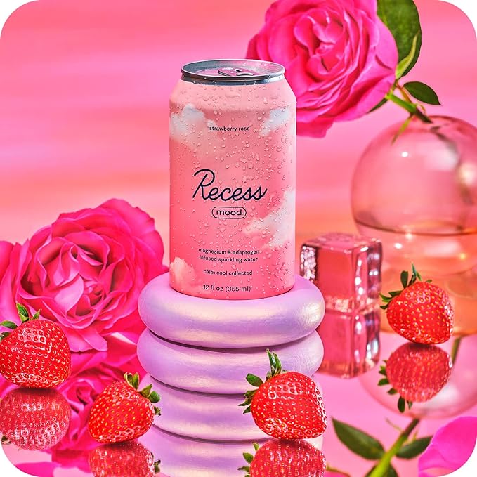Recess Mood Magnesium & Adaptogen Drink, Relaxation Beverage, 12 Ounce (Strawberry Rose, 12 Pack)