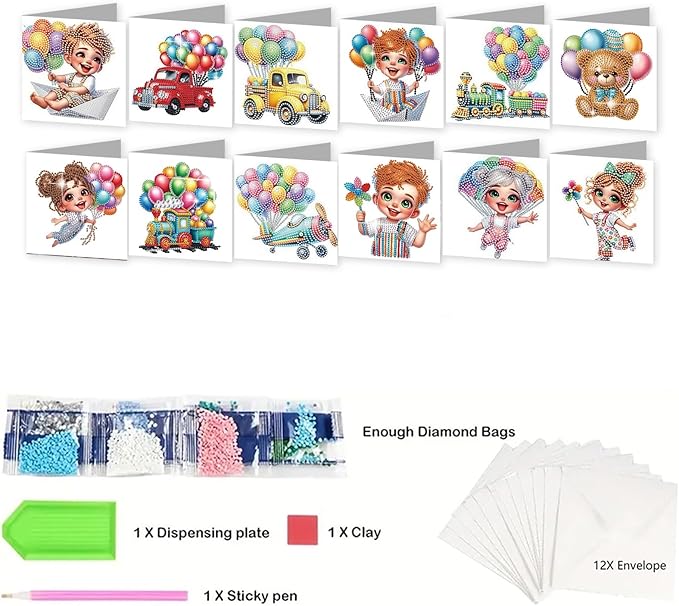 jinglinhh 12pcs Diamond Art Painting Balloon Pickup Truck Train Greeting Cards with Envelopes, DIY Card Making Kits for Adults, Diamond Art Christmas Cards for Birthday Holiday Postcards Craft Gifts