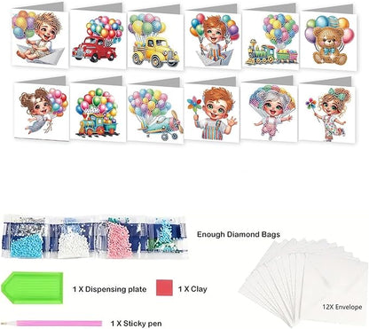jinglinhh 12pcs Diamond Art Painting Balloon Pickup Truck Train Greeting Cards with Envelopes, DIY Card Making Kits for Adults, Diamond Art Christmas Cards for Birthday Holiday Postcards Craft Gifts