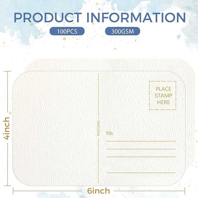 100 Sheets Watercolor Postcards 4 x 6 Inch 140lb/300gsm,100% Cotton,Acid-Free Heavyweight Art Paper with Hot Stamping Font Technology for Painting, DIY, Mailing, Invitations, Greeting Cards