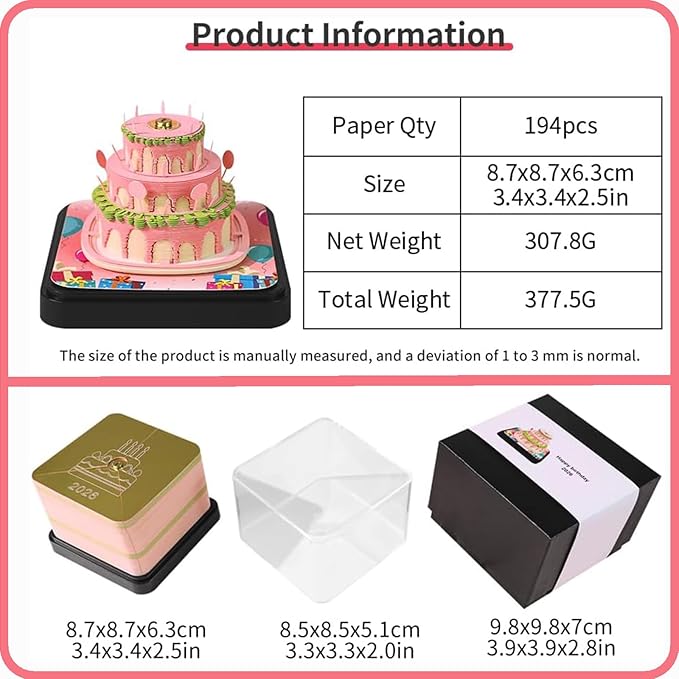 3D Time Piece Calendar 2026 DIY Calendars Tear Away Carving Art 3D Memo Pad Calendar With LED Lights sculpture artsy pads calendar notepad for Desktop Decor-Happy Birthday