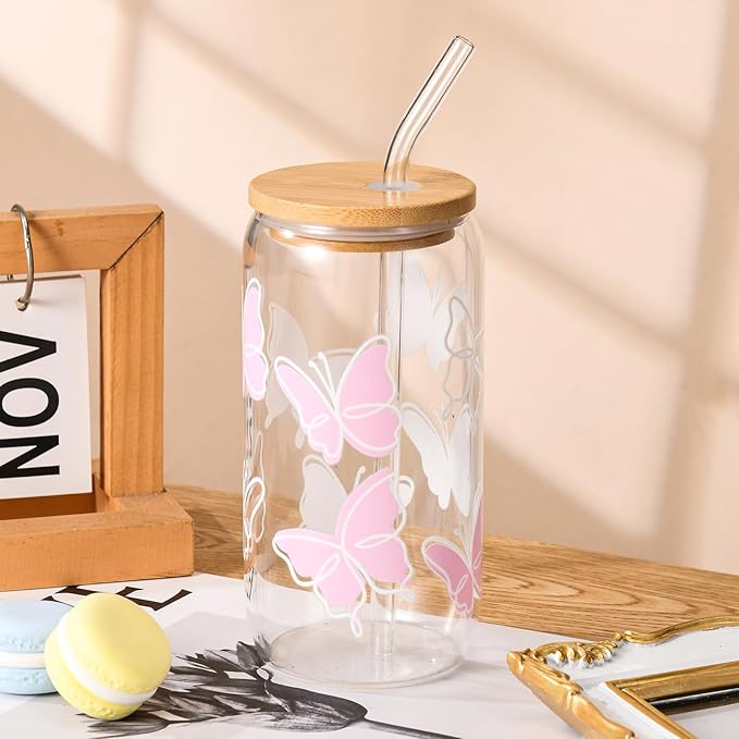 Butterfly Cute Glass Cups with Lids and Straws, Aesthetic Iced Coffee Cup, Girly Preppy Design Tumbler Mug, Birthday, Valentines, Teen Girl Gifts Trendy Stuff