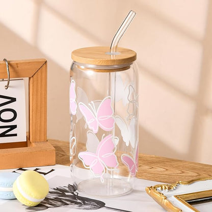Butterfly Cute Glass Cups with Lids and Straws, Aesthetic Iced Coffee Cup, Girly Preppy Design Tumbler Mug, Birthday, Valentines, Teen Girl Gifts Trendy Stuff