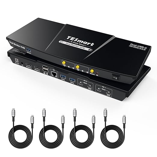 TESmart USB-C KVM Switch 2 Monitors 2 Laptops 4K@60Hz, USB 3.0 KVM Switch Dual Monitor MST, EDID Emulation, 60W PD, 1G Ethernet, 2K@144Hz, 1080P@240Hz, Hotkey Switch, with All Input Cables