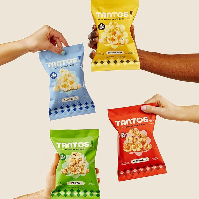 Tantos! Puffed Pasta Chips, Healthy Pasta Snack by Top Chef Joe Sasto, As Seen on Shark Tank, Plant Based, Low Calorie, Crunchy Chips, Variety Pack, Marinara, Pesto, Cacio e Pepe, Classico, Gourmet Bold Flavors, 4oz 12 Pack 3 of Each Flavor, Variety