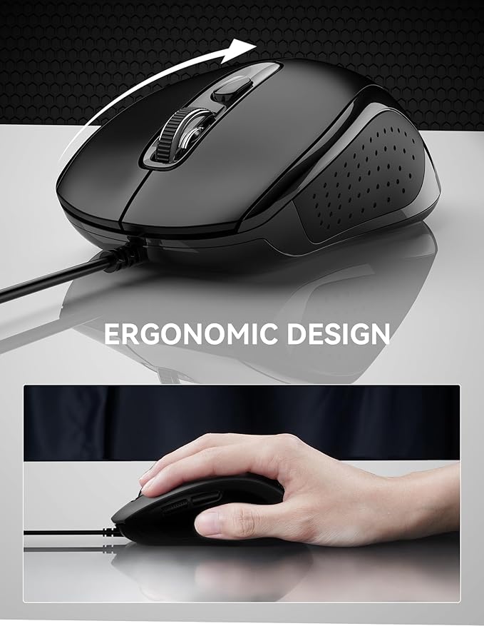 TECKNET Wired Mouse, USB Wired Computer Mice, 3600DPI 4 Adjustable Levels, 6-Button Ergonomic Mouse for Laptop PC Desktop Notebook - Black