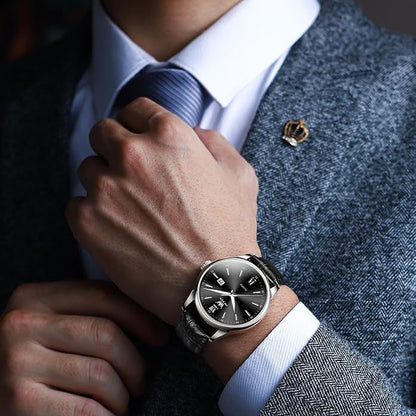 OLEVS Mens Watches, Dress Waterproof Classic Analog Casual Luxury Wrist Watch for Men with Date, Easy to Read Relojes para Hombres Male Quartz Wristwatch with Brown Black Leather Band Blue Black Dial