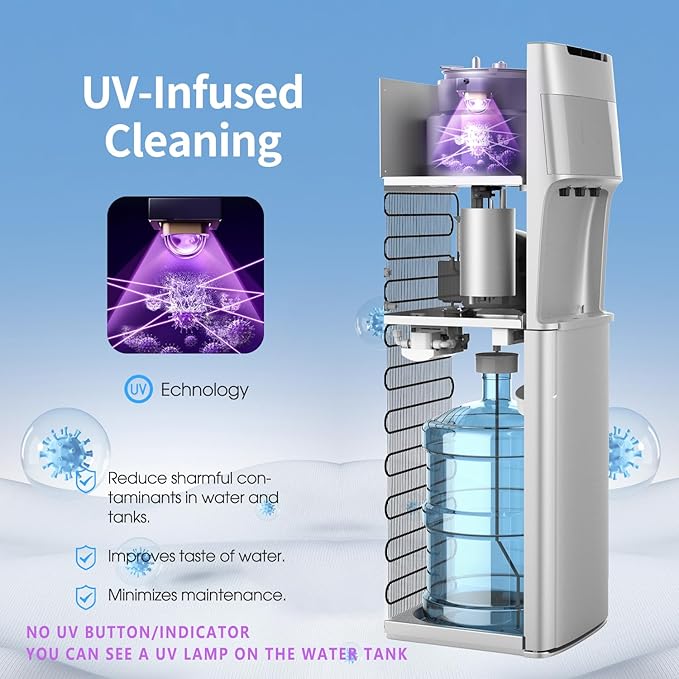 IKT Self Cleaning Bottom Load Water Cooler Dispenser 3 5 Gallon Hot, Cold & Room Temperature Water, Empty Bottle Alert, Child Safety Lock,Silver