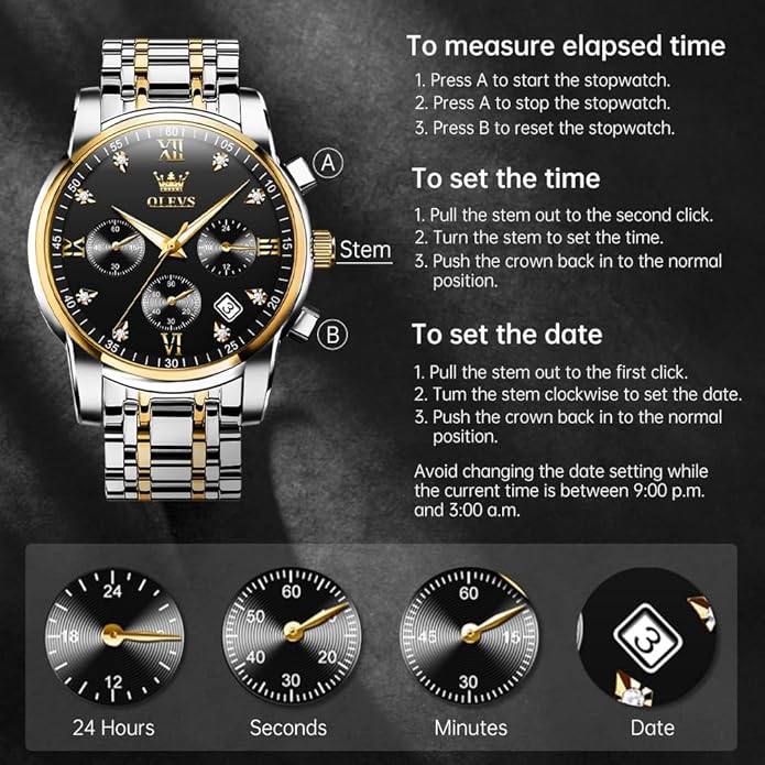 OLEVS Men's Luxury Watch Waterproof Luminous Easy Read Chronograph Watches Full Gold/White Dail/Black Face with Calendar Wristwatch