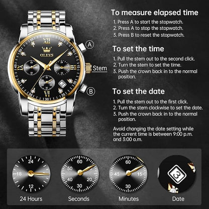 OLEVS Men's Luxury Watch Waterproof Luminous Easy Read Chronograph Watches Full Gold/White Dail/Black Face with Calendar Wristwatch