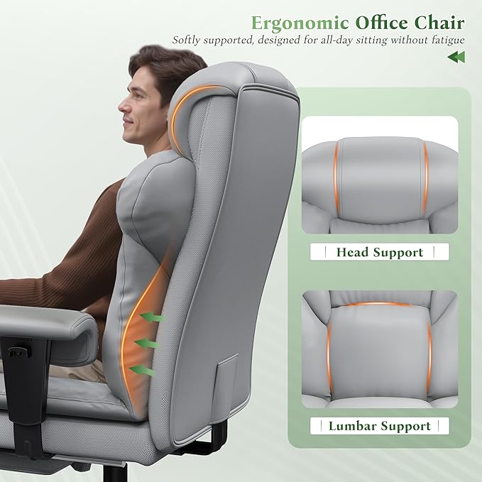 Ergonomic Office Chair with Foot Rest and Arms,Big and Tall Leather Executive Office Chair with Wide&Deep Seat Thickened,Reclining Comfy Desk Chair with High Back and Lumbar Support,Grey