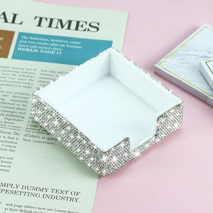 Buqoo Rhinestone Note Holder, Post It Note Dispenser Desk Organizer 4 x 4 Inches, Bling Postit Note Dispenser Post It Note Holder for Home Desk Office Supplies (Silver)