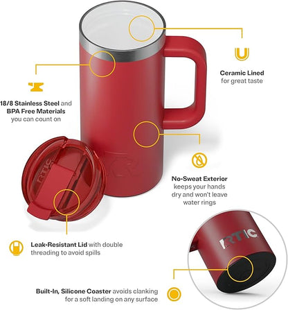 RTIC 16oz Road Trip Travel Mug with Lid and Handle, Ceramic Lined, Insulated, Stainless Steel, Metal, Double Wall Vacuum-Insulation, Portable Coffee, Tea Cup for Hot and Cold Drink, Flag Red