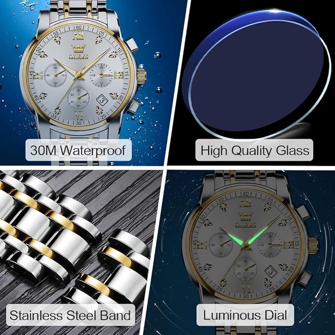 OLEVS Men's Stainless Steel Chronograph Watch, Big Face Gold Silver Black Tone Easy to Read Analog Quartz Watch, Luxury Waterproof Date Diamond Roman Arabic Numerals Dial Dress Watch for Men