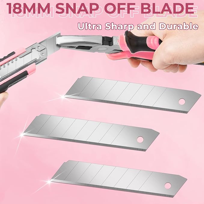 Box Cutter, Box Cutter Retractable Self Loading, Heavy Duty Utility Knife, 18mm-Wide Blade Knife, Box Opener Tool with Rubber Handle, Retractable Paper Exacto Knife, Pink