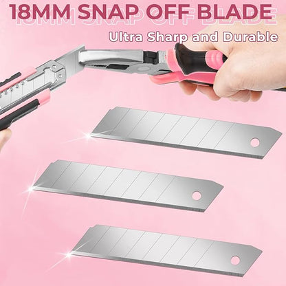 Box Cutter, Box Cutter Retractable Self Loading, Heavy Duty Utility Knife, 18mm-Wide Blade Knife, Box Opener Tool with Rubber Handle, Retractable Paper Exacto Knife, Pink
