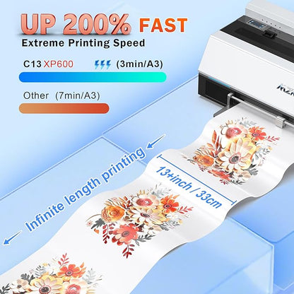 MZK A3 Plus DTF Printer XP600 Doubled-Speed,13+" DTF Film,Built-in Holiday Automatic Timed Cleaning Printhead,LED Multi-Function Fouch Screen,Film Cutter,Gift Ink 2 Year(XP600 DTF Printer+oven(white))