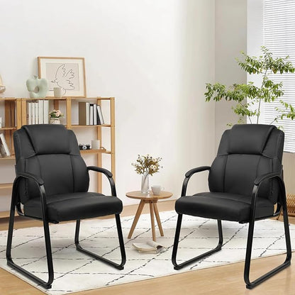 CLATINA Ergonomic Black Guest Chair with Arms Set of 2- Office Reception & Conference Seating, PU Leather Meeting Chairs with Sled Base for Waiting Rooms & Home Offices